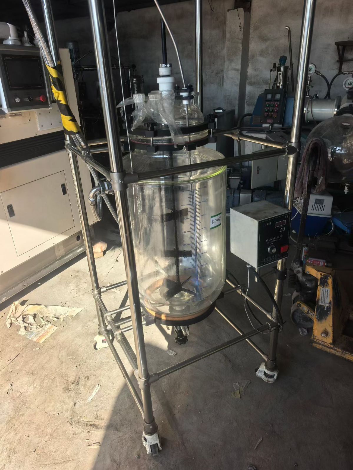 转让二手玻璃反应釜 一台容积100升含冷凝器双层玻璃反应釜